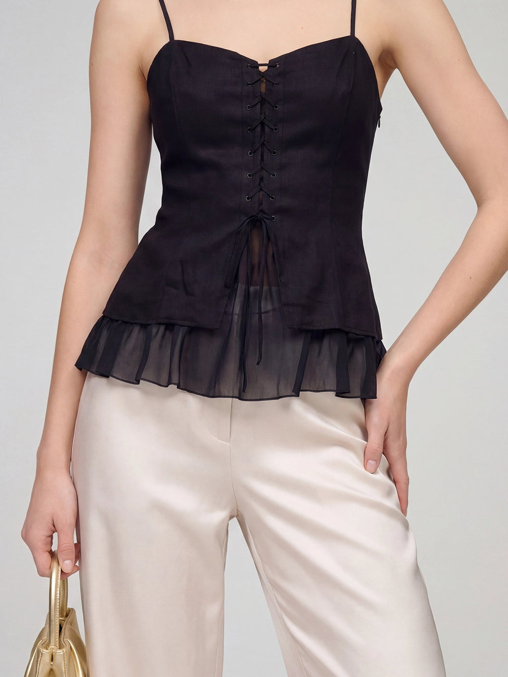 Lace-Up Linen Spaghetti Strap Corset Top