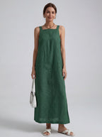Effortless Linen Square Neck Midi Dress With Side Slit