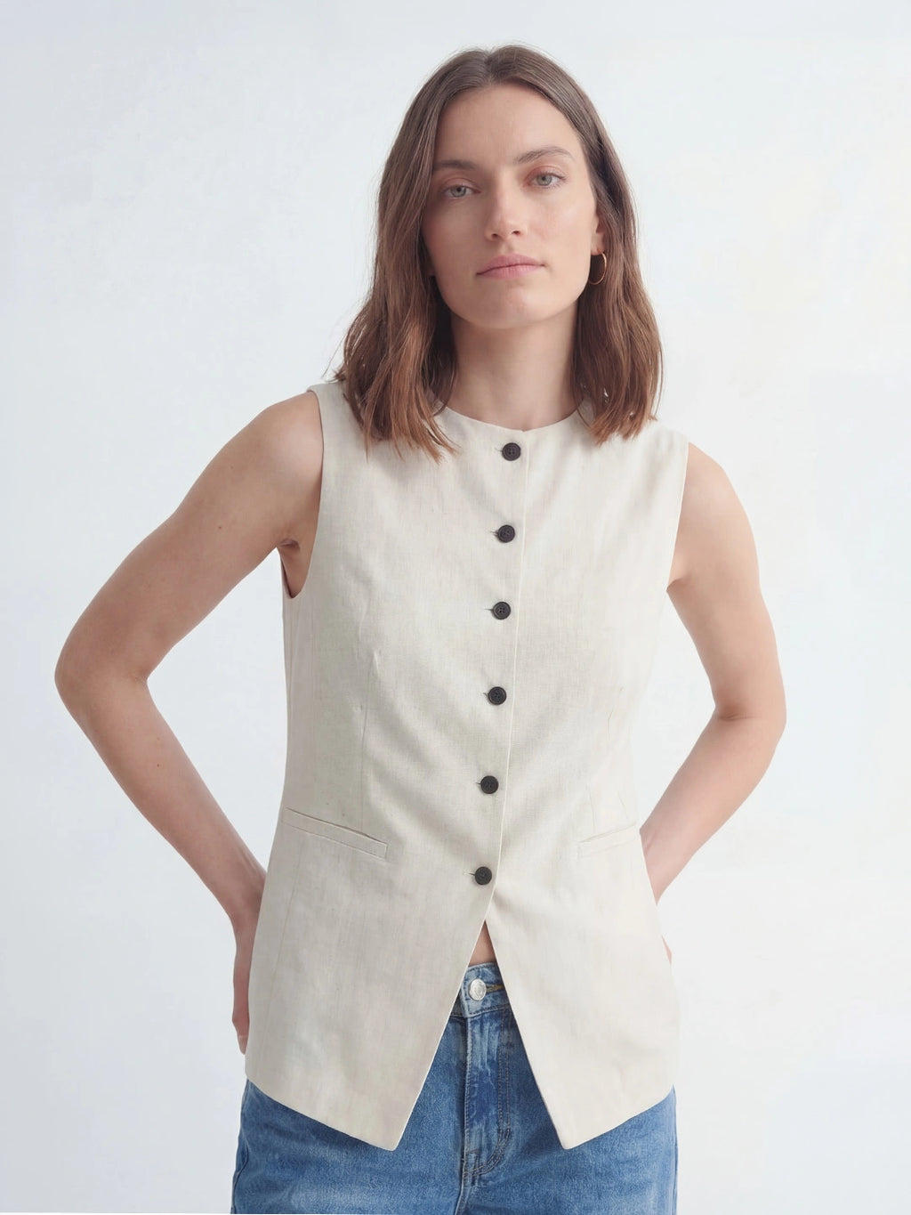 Button Front Long Linen Vest