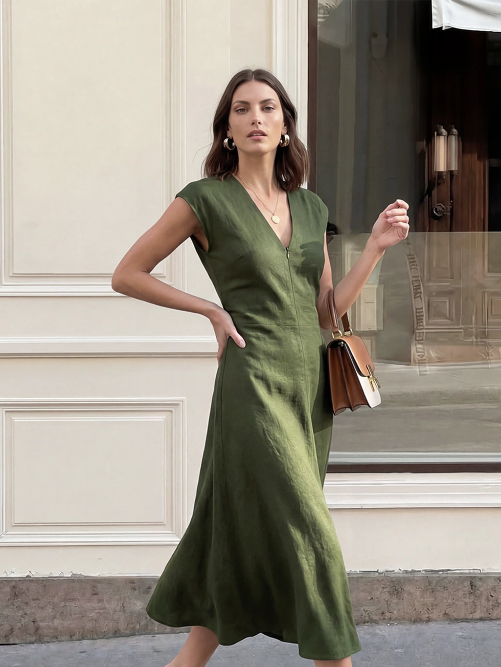 Ruched V-Neck Midi Drape Dress