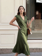 Ruched V-Neck Midi Drape Dress