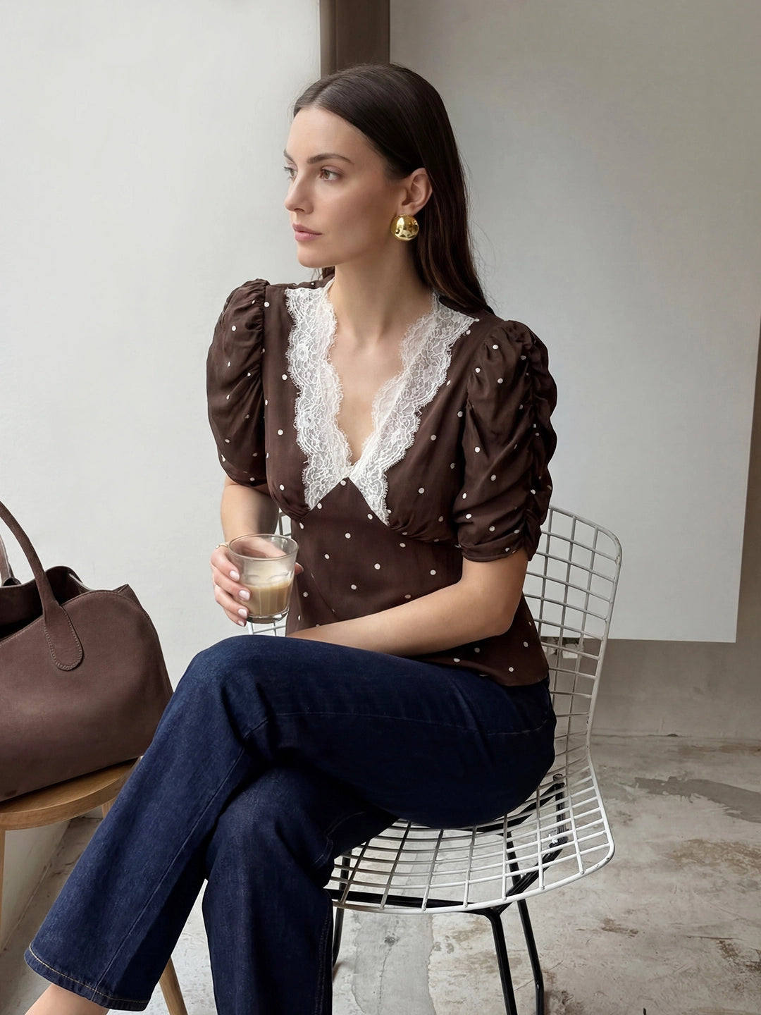 Polka Dot Puff-Sleeve Rayon Shirt Main image