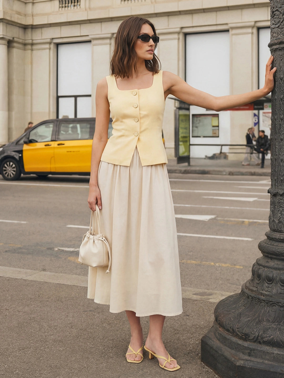 Square Neck Patchwork Midi Dress