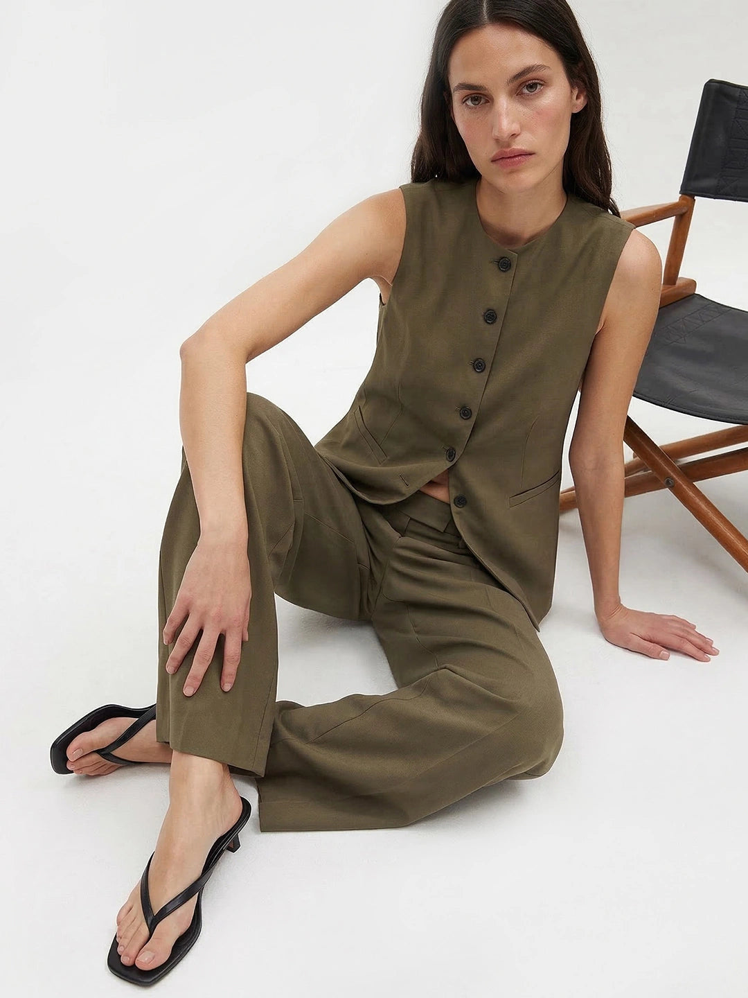 Button Front Long Linen Vest