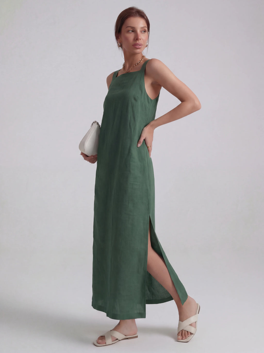 Effortless Linen Square Neck Midi Dress With Side Slit