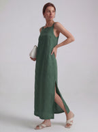 Effortless Linen Square Neck Midi Dress With Side Slit