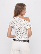 Polka Dot One Shoulder Lace Trim Top