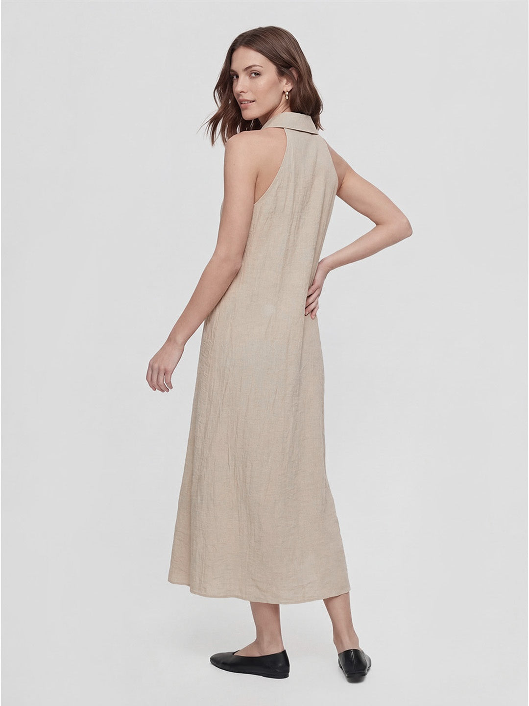 Polo Collar Sleeveless Linen Midi Dress