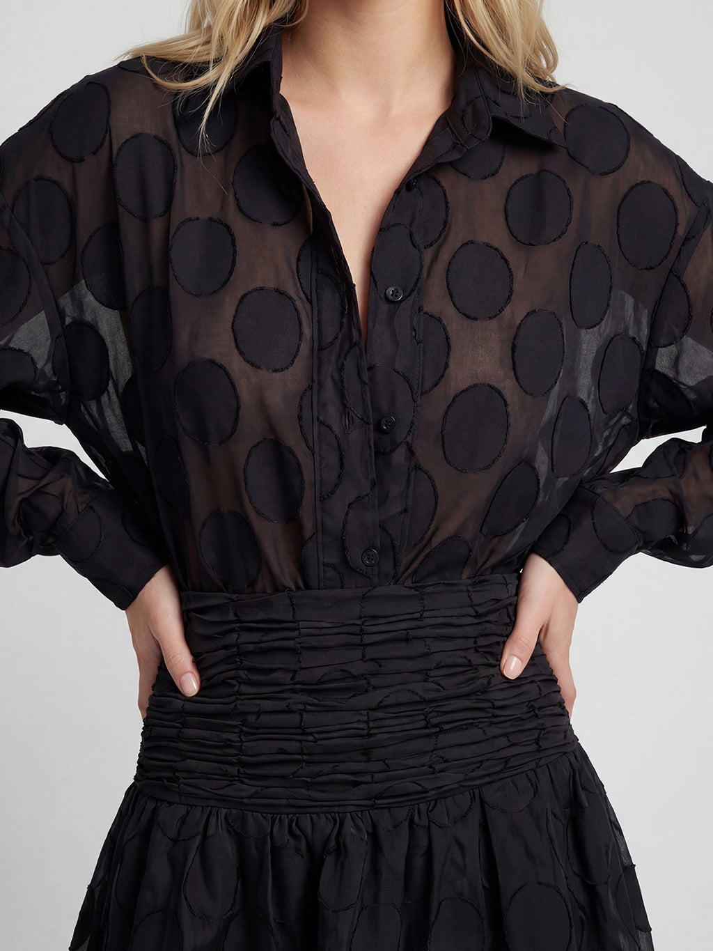 Polka Dot Jacquard Shirt and Mini Skirt Set