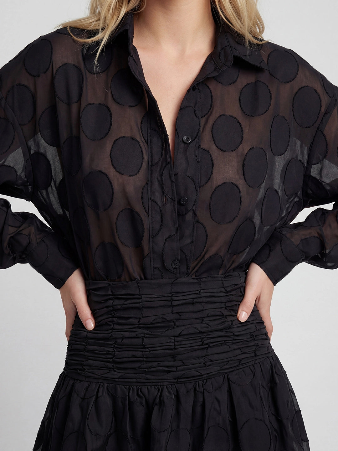 Polka Dot Jacquard Shirt and Mini Skirt Set