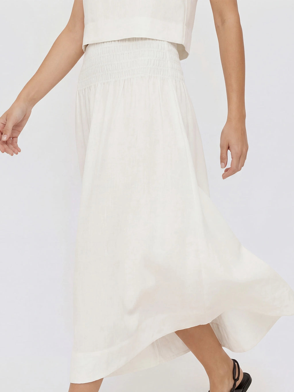 Smocked Waist Linen Midi Skirt