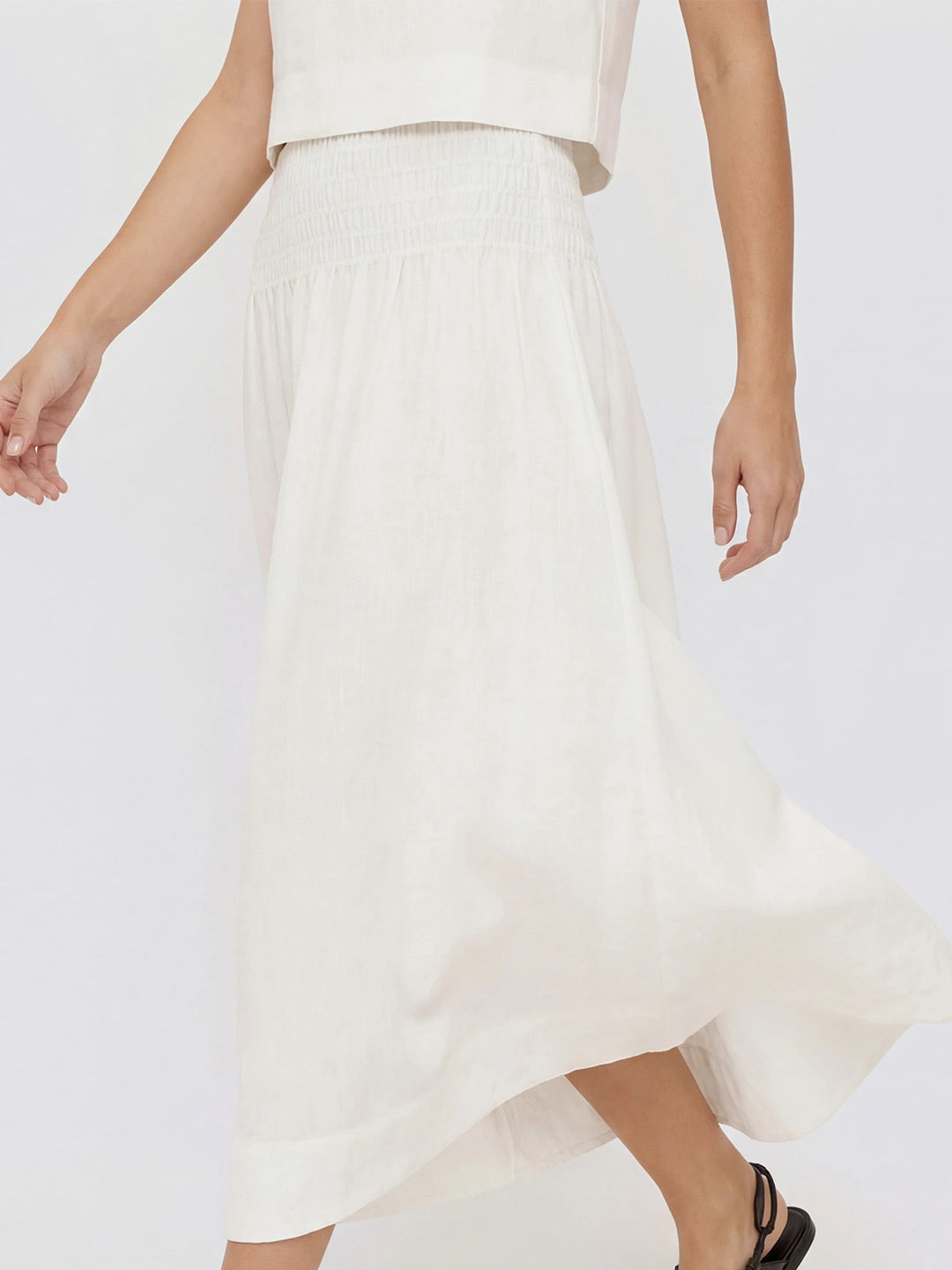 Smocked Waist Linen Midi Skirt