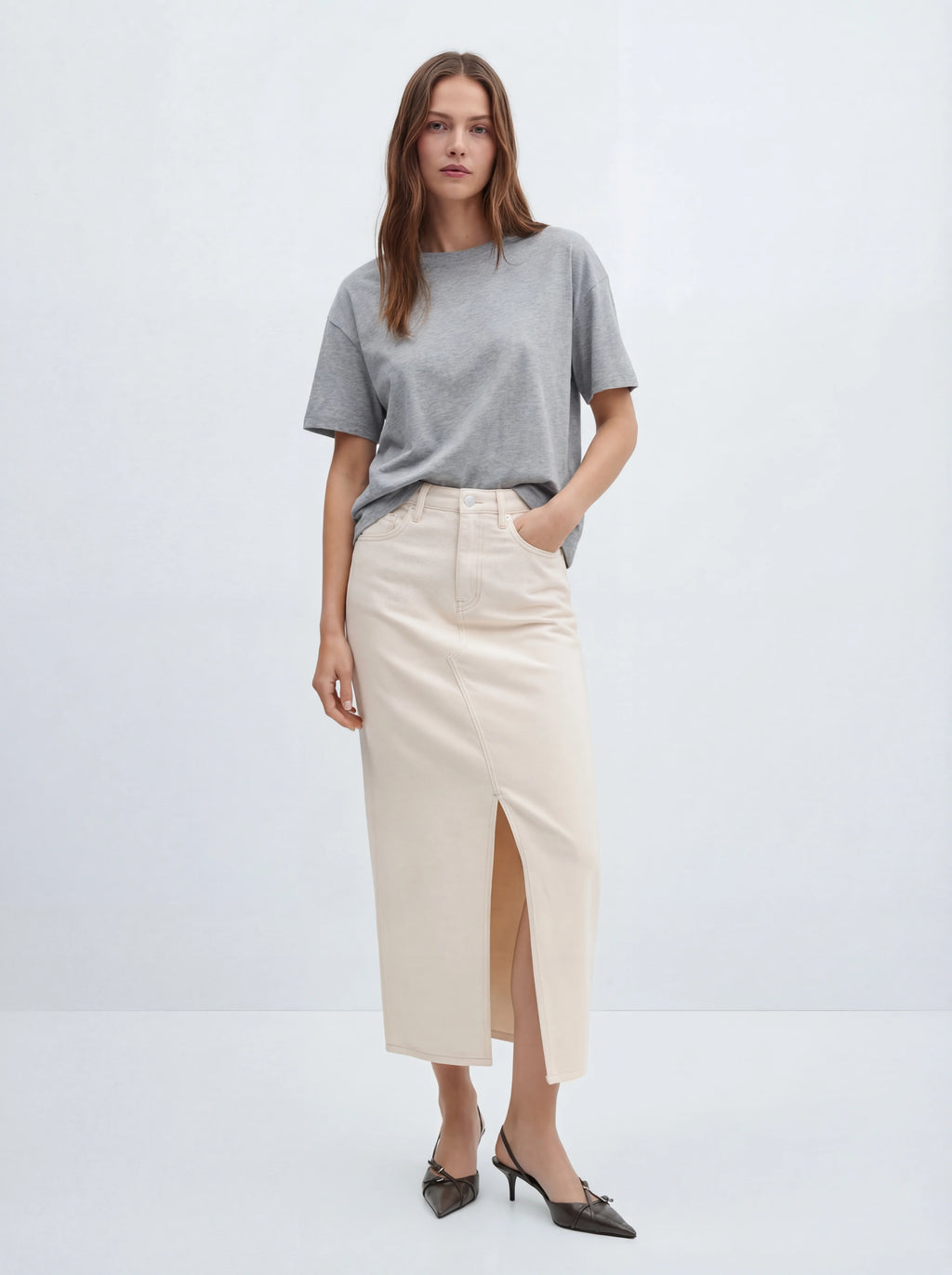 Front-Slit Cotton Denim Skirt
