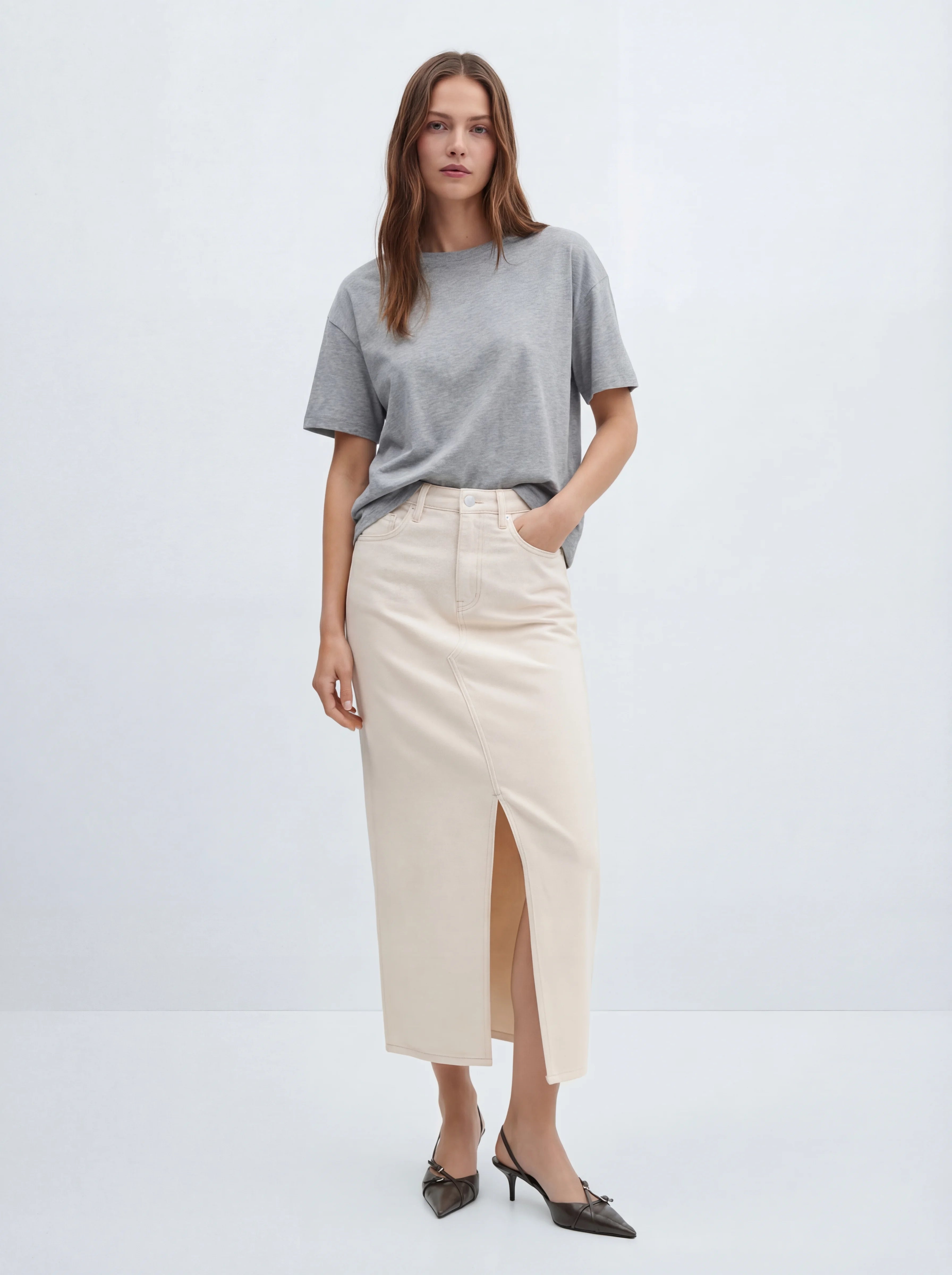Front-Slit Cotton Denim Skirt