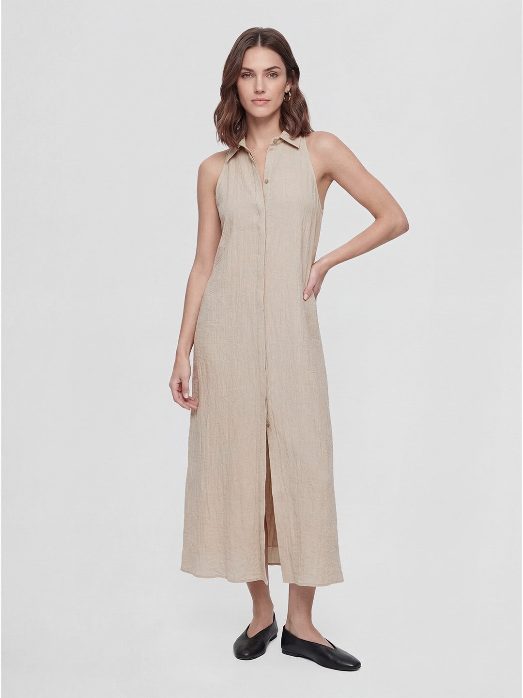 Polo Collar Sleeveless Linen Midi Dress
