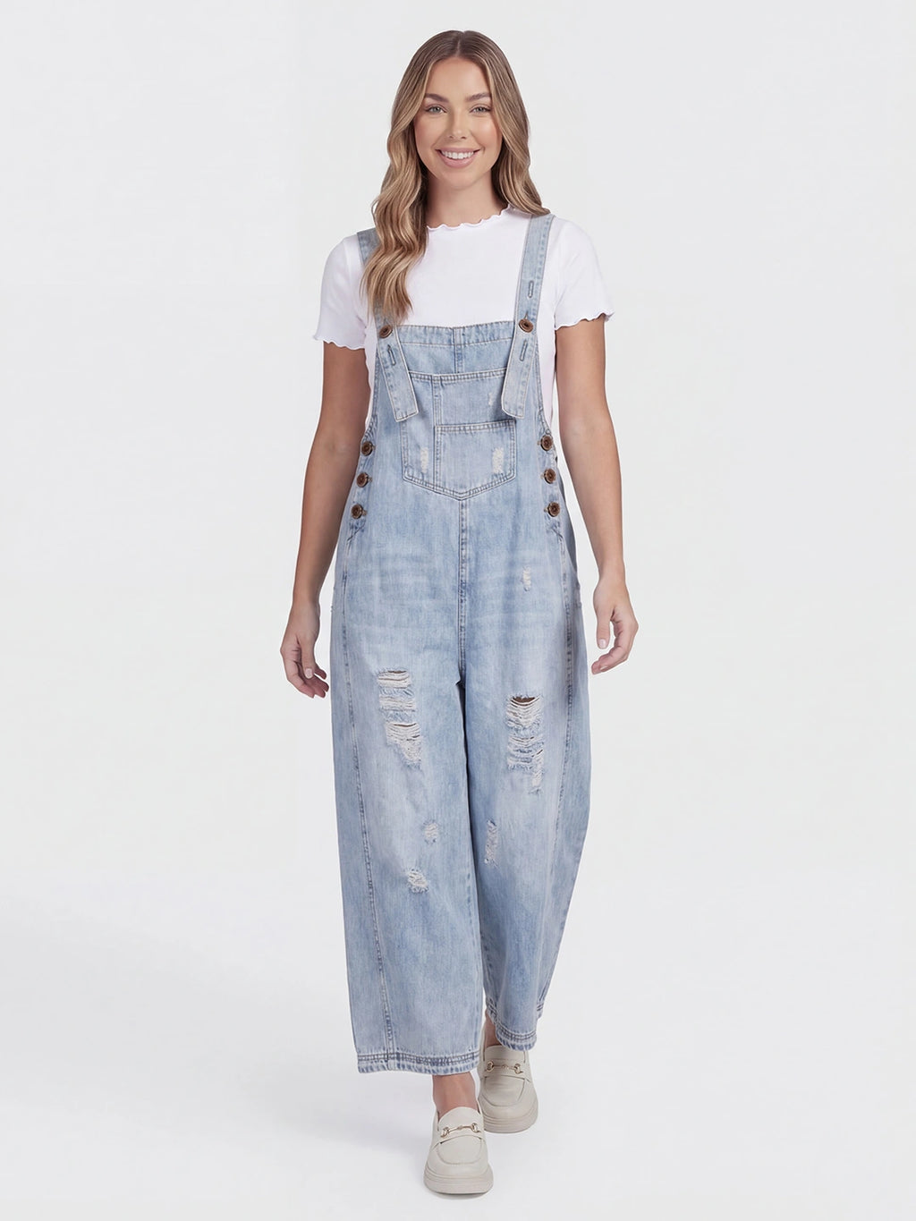 Distressed Loose Fit Denim Bib Overalls
