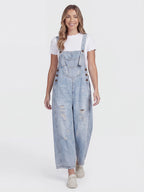 Distressed Loose Fit Denim Bib Overalls