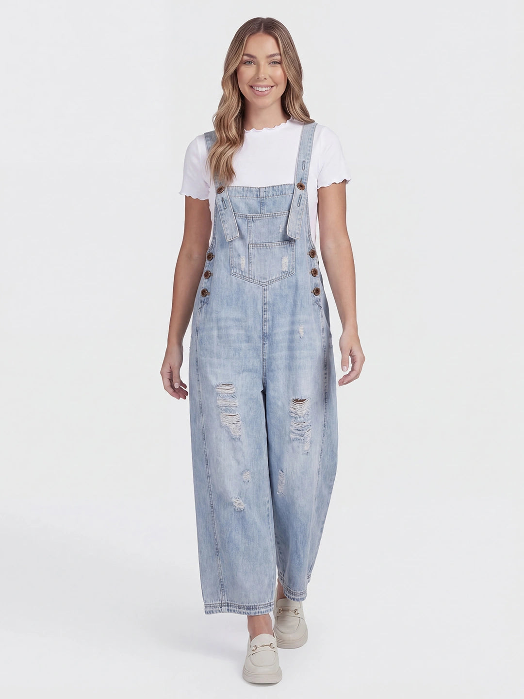 Distressed Loose Fit Denim Bib Overalls