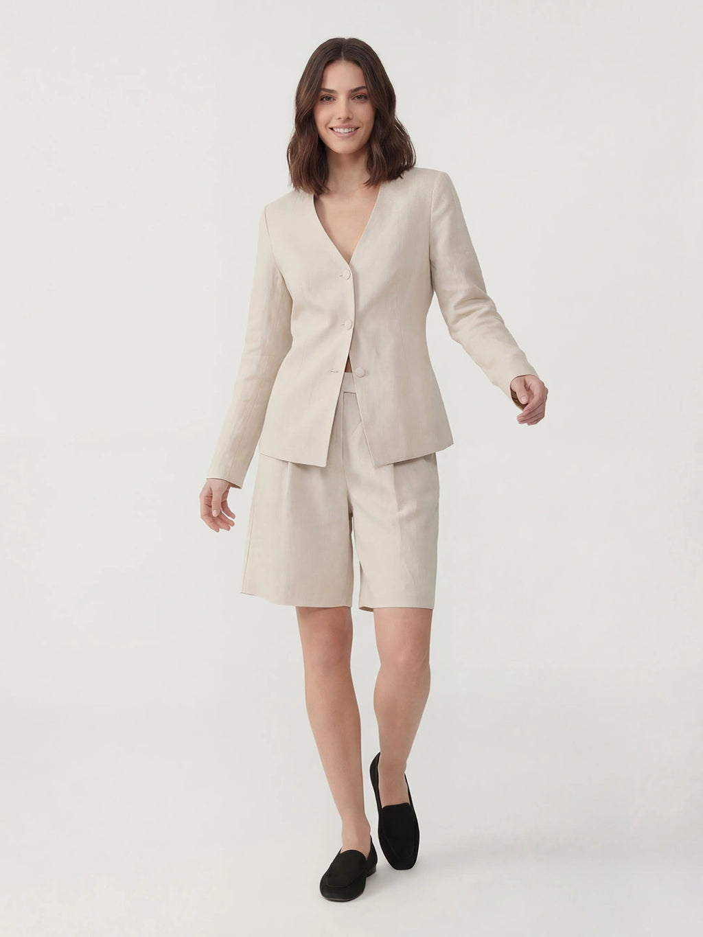 V Neck Linen Blouse Shorts Set