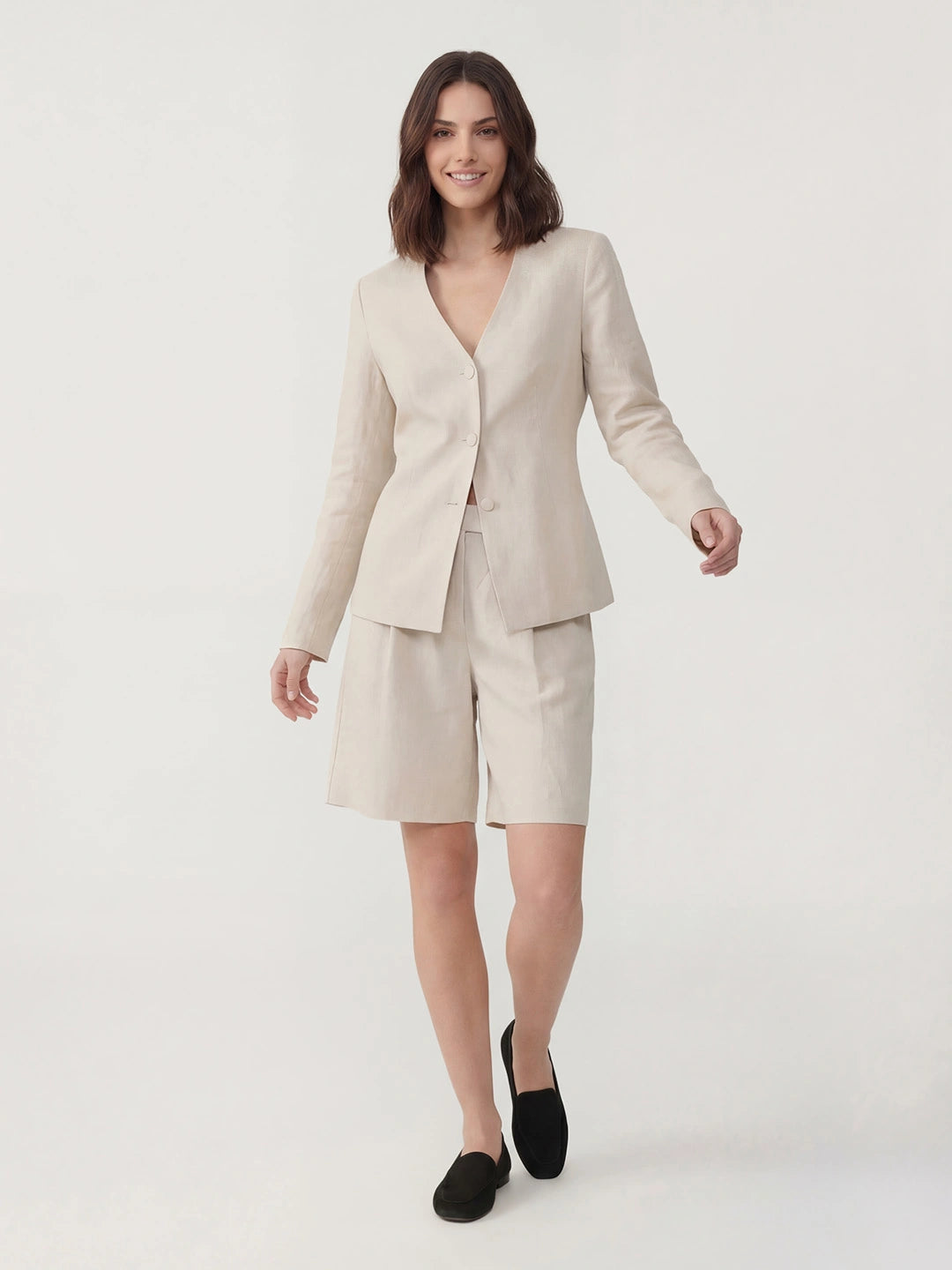 V Neck Linen Blouse Shorts Set