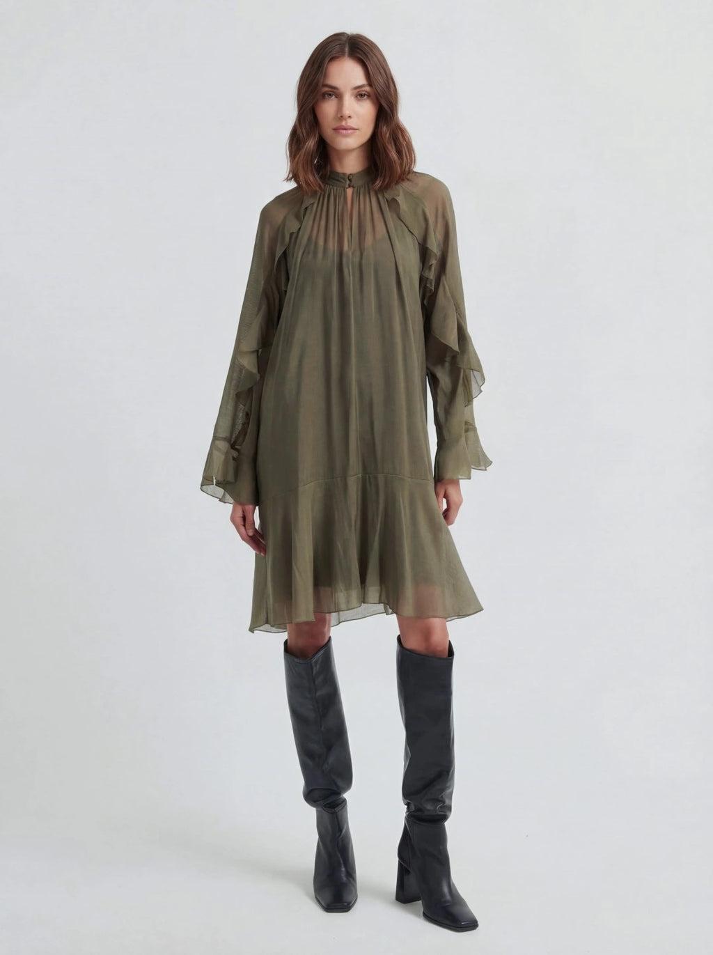 Ruffle Trim Sheer Mini Dress