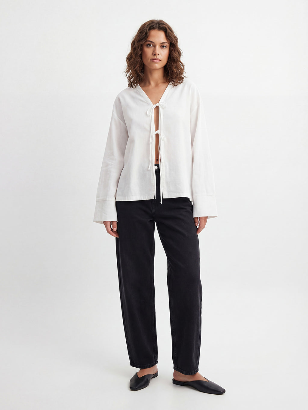 Tie-neck linen Blend Blouse