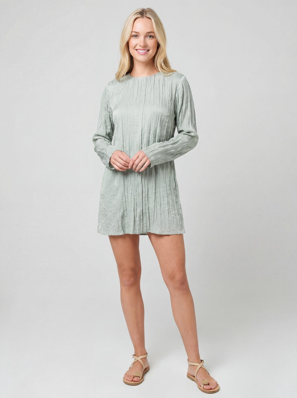 Pleated Long Sleeve Relaxed Straight Mini Dress