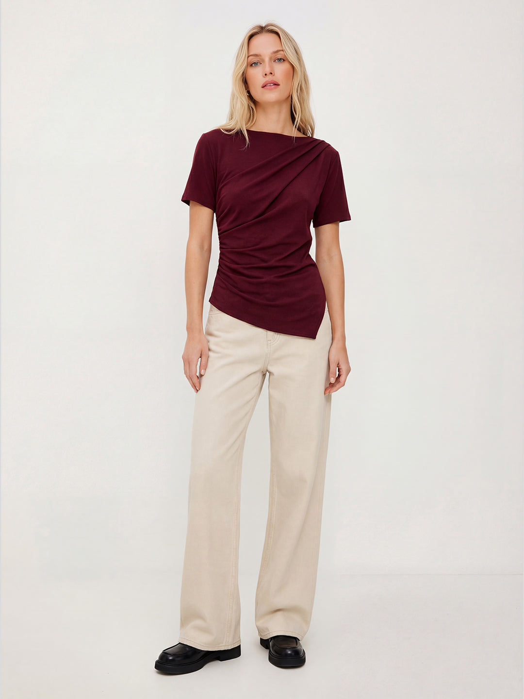 Asymmetric Hem Short Sleeve Slim Fit Stretch Top