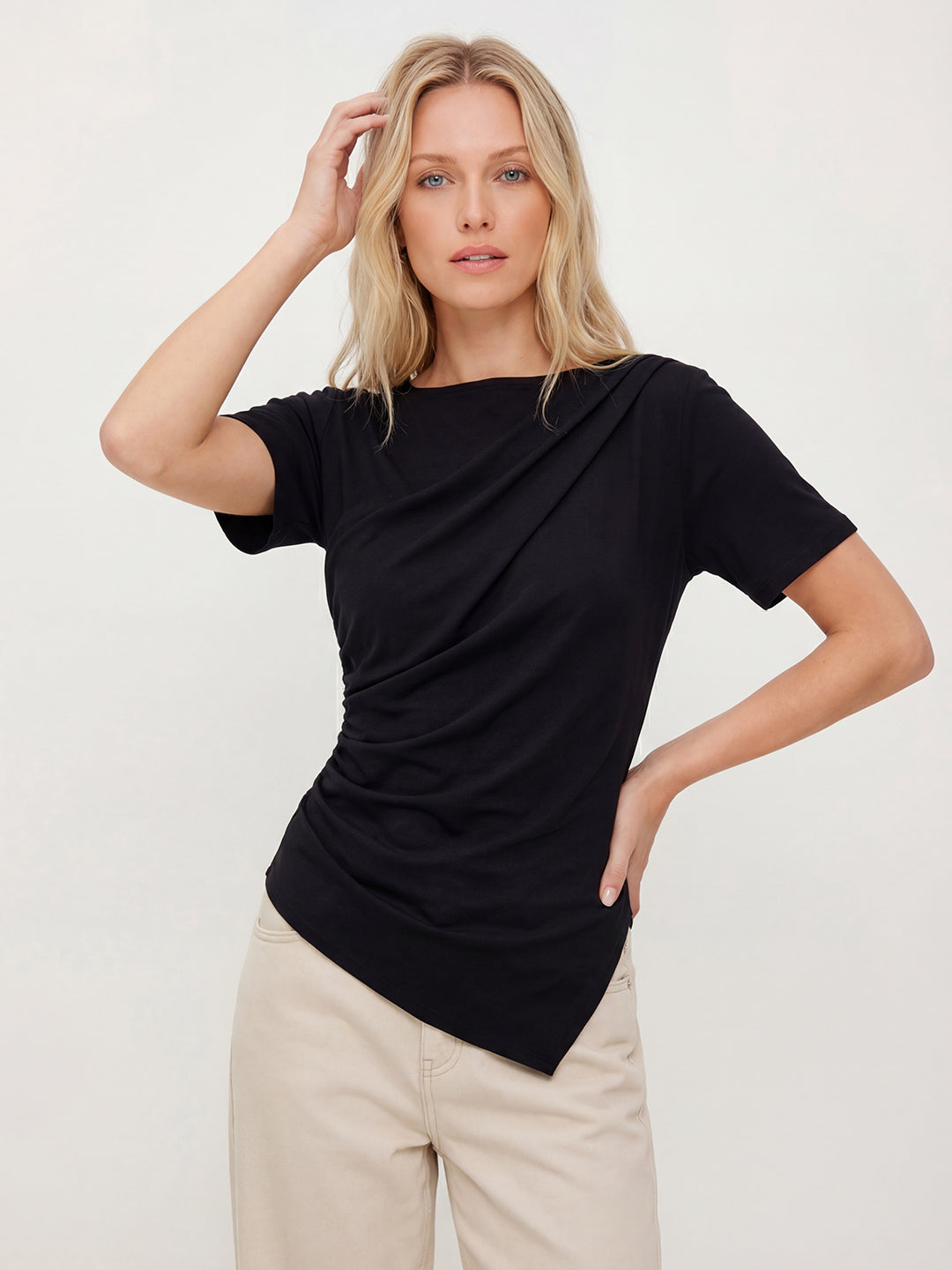 Asymmetric Hem Short Sleeve Slim Fit Stretch Top