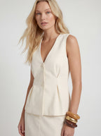 V Neck Pleated Waist Button Sleeveless Top