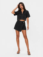 Asymmetric Cargo Zip-Up Denim Skort Set