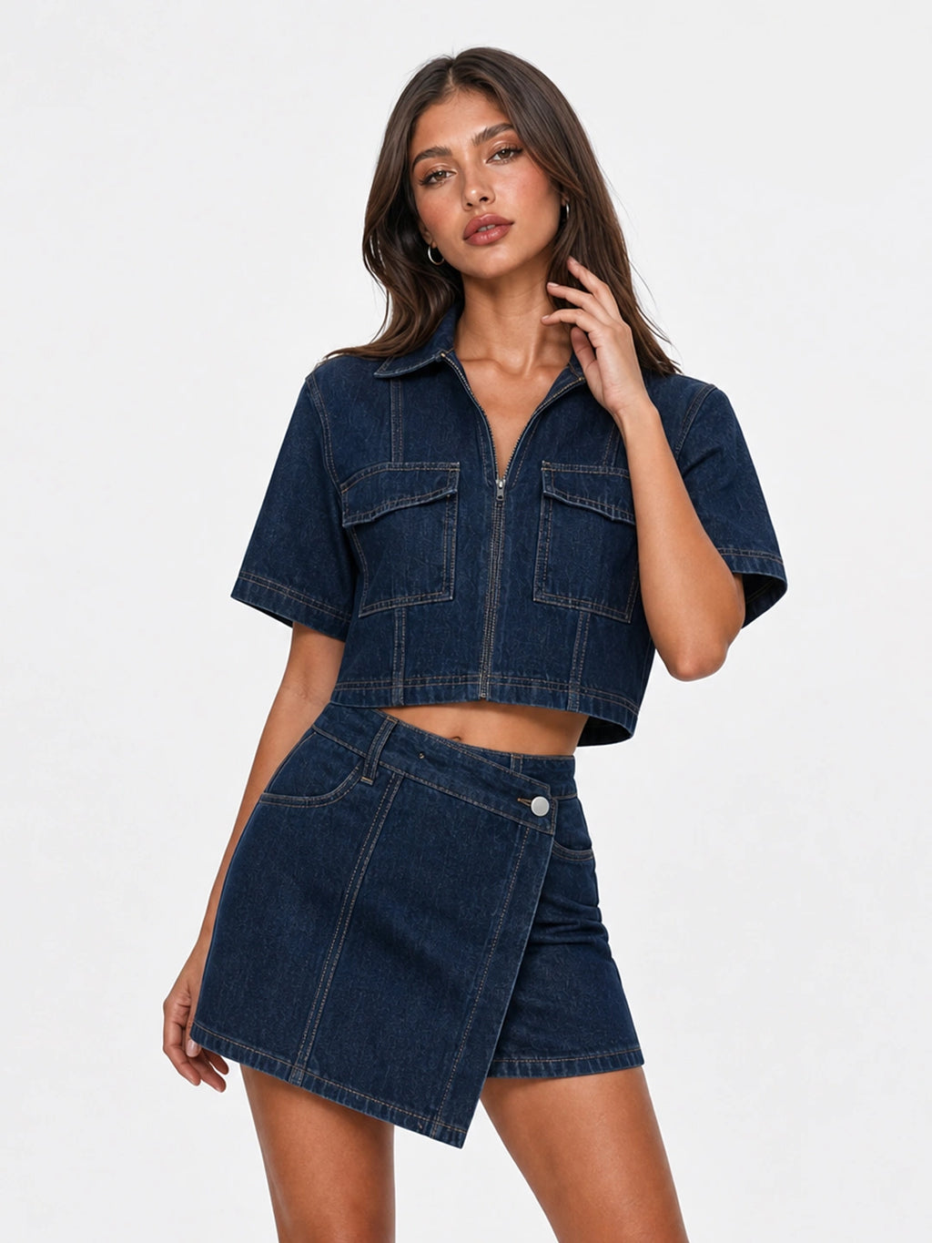 Asymmetric Cargo Zip-Up Denim Skort Set