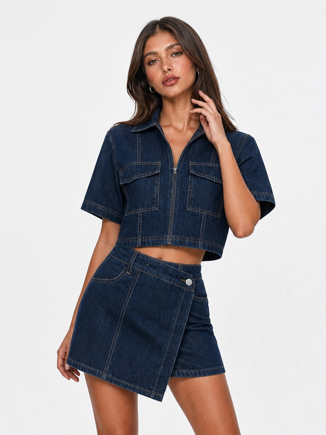 Asymmetric Cargo Zip-Up Denim Skort Set