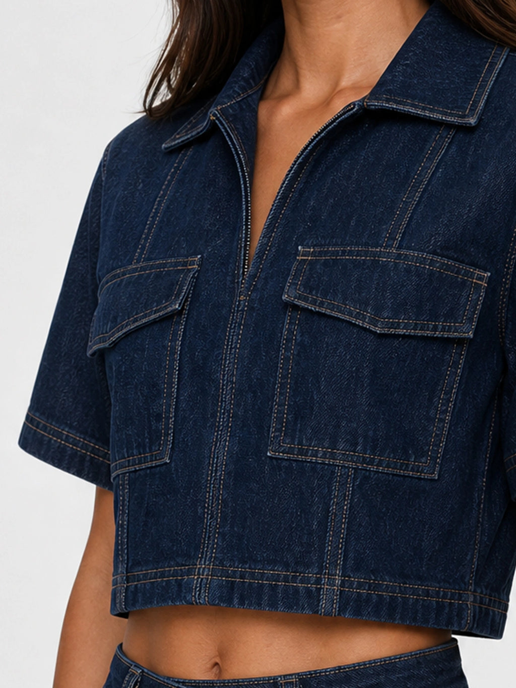 Asymmetric Cargo Zip-Up Denim Skort Set
