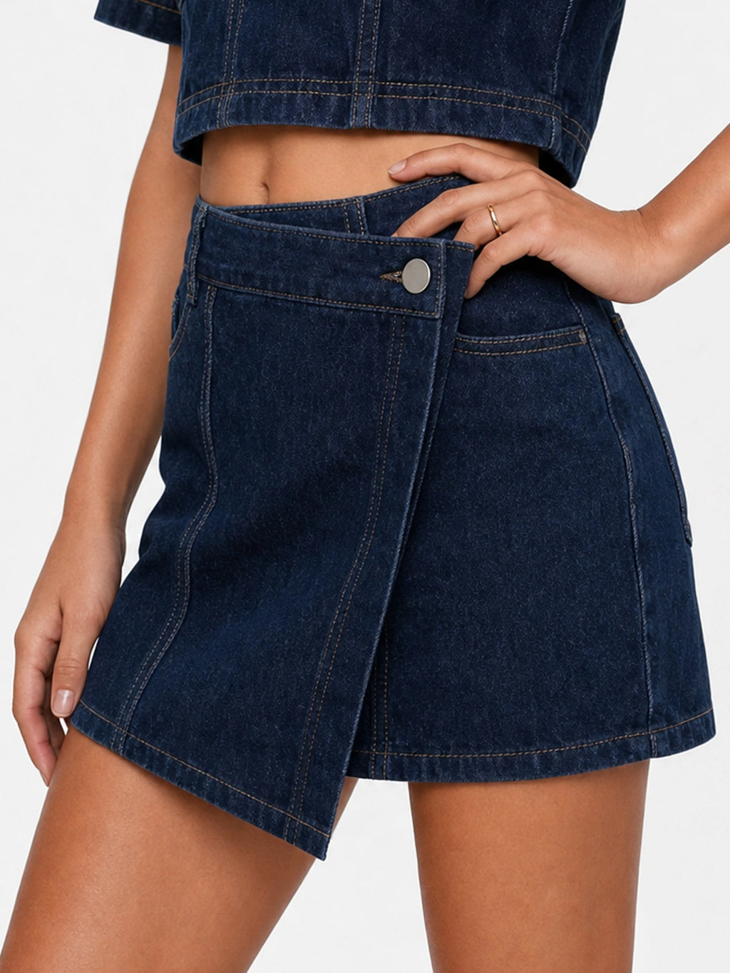 Asymmetric Cargo Zip-Up Denim Skort Set