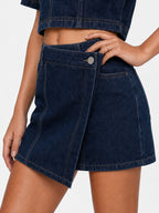 Asymmetric Cargo Zip-Up Denim Skort Set