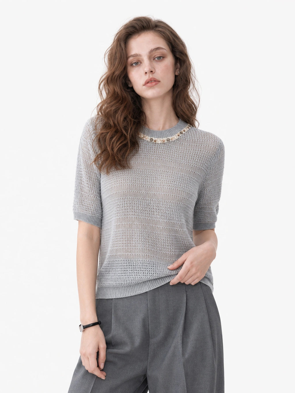 Beaded Hollow Knit Short Sleeve Top