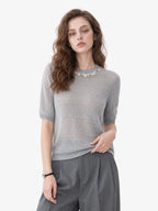 Beaded Hollow Knit Short Sleeve Top