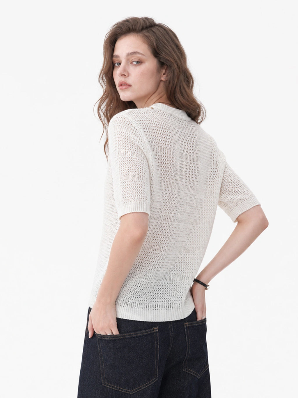 Beaded Hollow Knit Short Sleeve Top