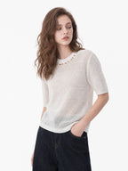 Beaded Hollow Knit Short Sleeve Top