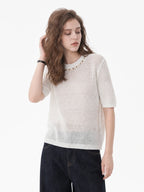 Beaded Hollow Knit Short Sleeve Top