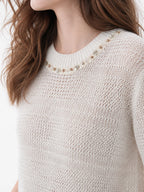 Beaded Hollow Knit Short Sleeve Top