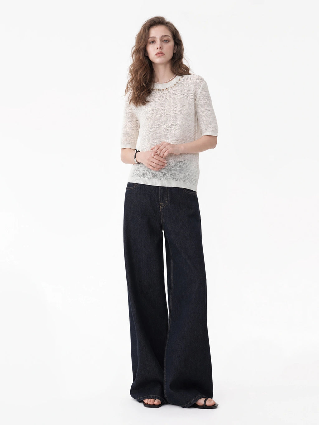 Beaded Hollow Knit Short Sleeve Top