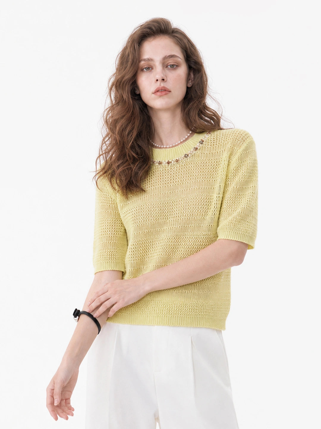 Beaded Hollow Knit Short Sleeve Top
