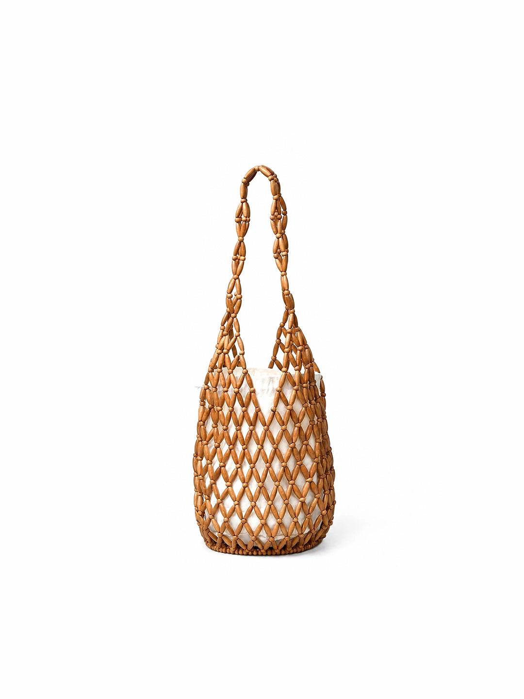 Wooden Beaded Woven Drawstring Bucket Bag