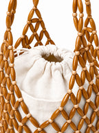 Wooden Beaded Woven Drawstring Bucket Bag