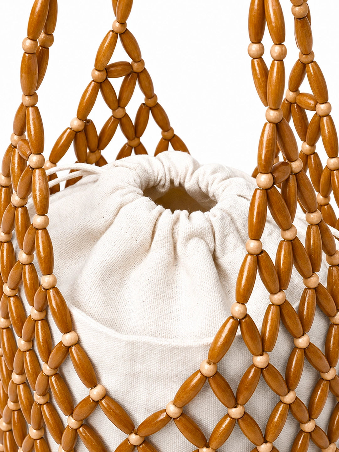 Wooden Beaded Woven Drawstring Bucket Bag