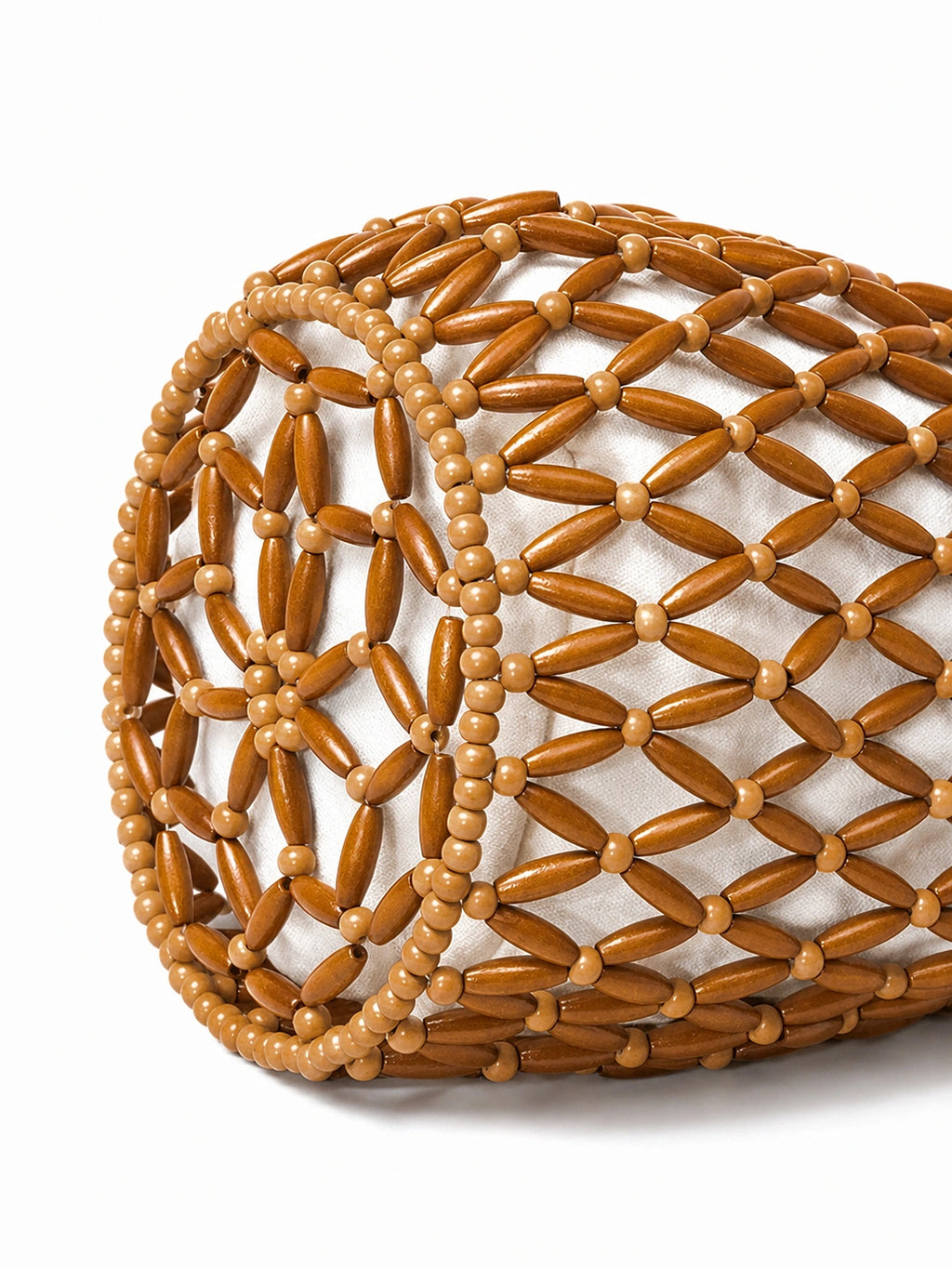 Wooden Beaded Woven Drawstring Bucket Bag