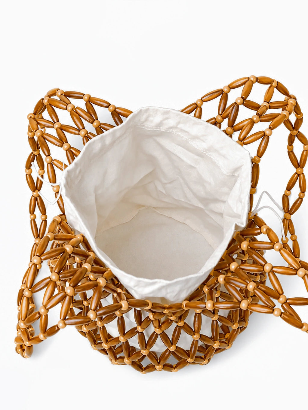 Wooden Beaded Woven Drawstring Bucket Bag