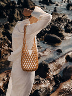 Wooden Beaded Woven Drawstring Bucket Bag
